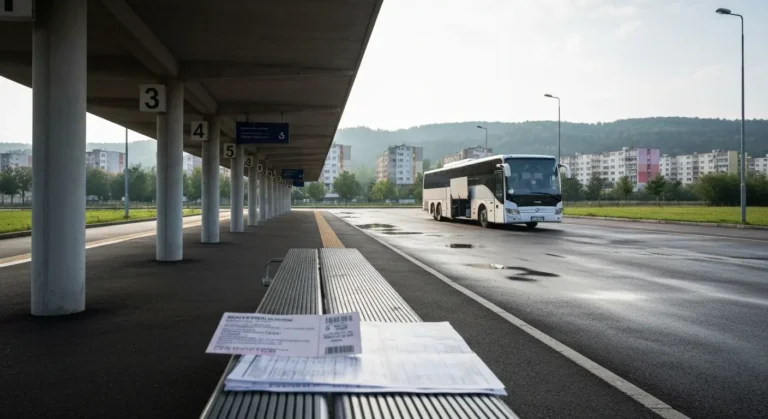 Peron dworca autobusowego w Rzeszowie z autokarem i biletem oraz rozkladem jazdy na lawce