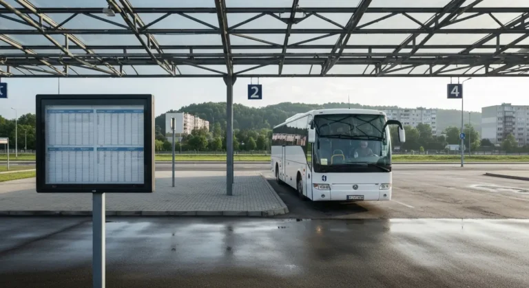 Autobus regionalny na peronie dworca autobusowego w Rzeszowie o poranku, obok tablica rozkladu jazdy