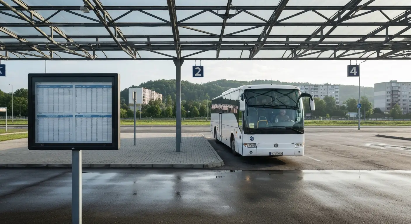 Autobus regionalny na peronie dworca autobusowego w Rzeszowie o poranku, obok tablica rozkladu jazdy