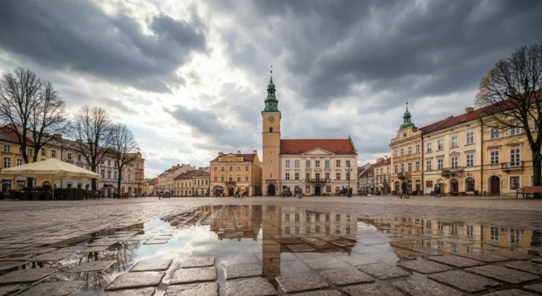 Rzeszowski rynek po deszczu - mokra kostka odbija kamienice i wieze ratusza, nad miastem chmury przelamane sloncem