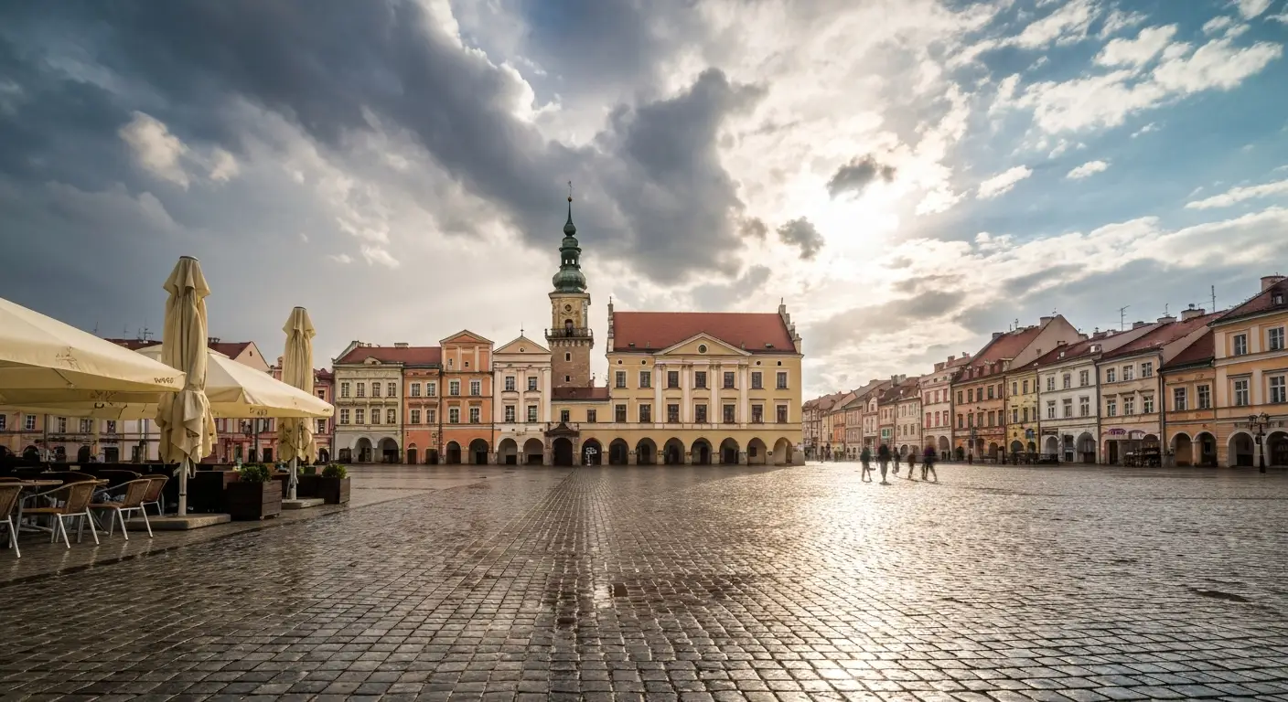 Rzeszowski Rynek z kamienicami i ratuszem, mokra kostka po deszczu i zmienne chmury nad starowka