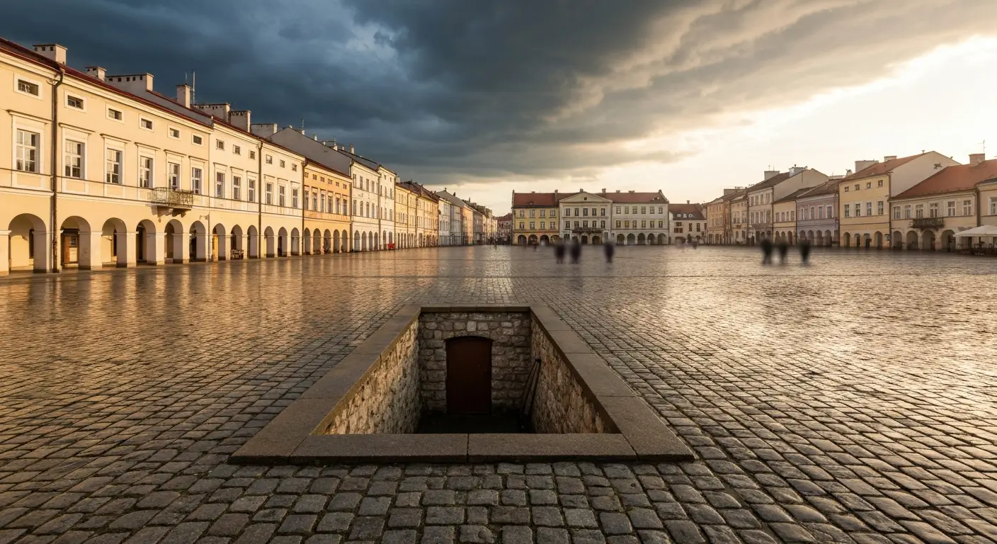 Rynek w Rzeszowie po deszczu, mokry bruk, kamienice z podcieniami i wejscie do trasy podziemnej