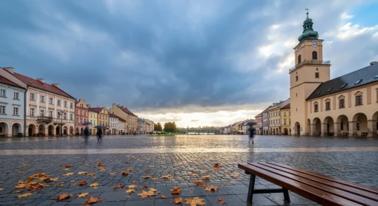 Jesienny rynek w Rzeszowie po deszczu - mokry bruk, kamienice i opadle lisc na tle rozpogadzajacego sie nieba