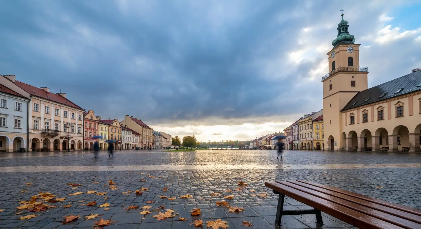 Jesienny rynek w Rzeszowie po deszczu - mokry bruk, kamienice i opadle lisc na tle rozpogadzajacego sie nieba