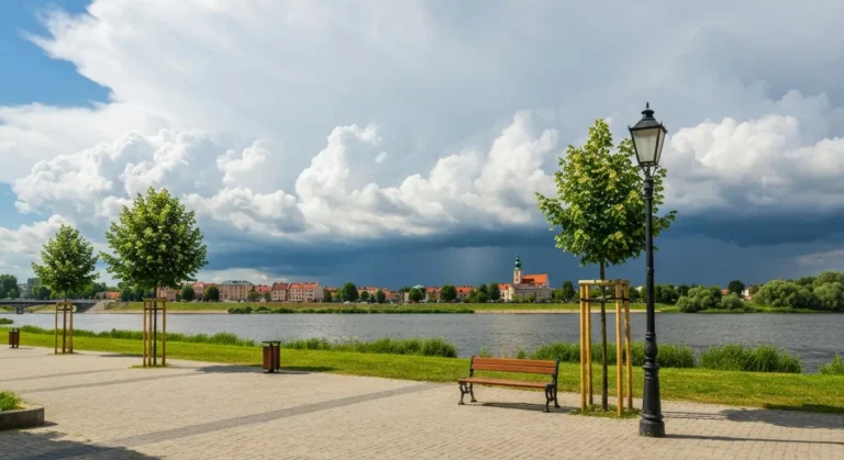 Bulwary nad Wislokiem w Rzeszowie w slonecznym letnim swietle, nad miastem pietrza sie ciemne chmury burzowe