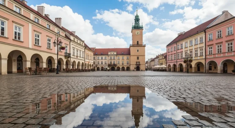 Rzeszowski Rynek wiosennym rankiem po deszczu - kamienice, wieza ratusza i mokry bruk odbijajacy chmury