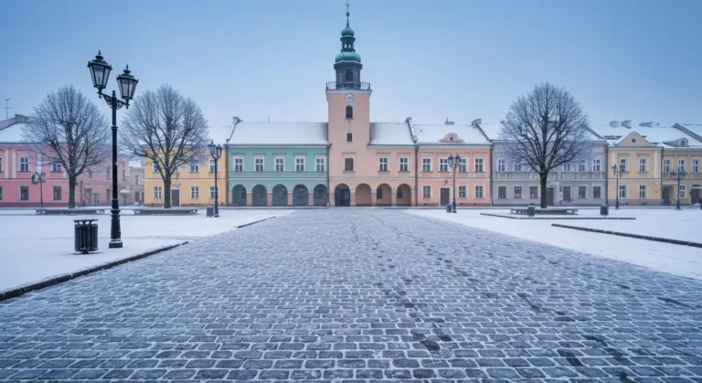 Zasniezony rynek w Rzeszowie z kamienicami i wieza ratusza w mrozny zimowy poranek