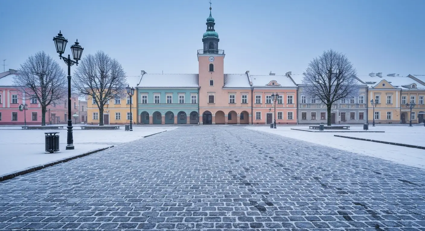 Zasniezony rynek w Rzeszowie z kamienicami i wieza ratusza w mrozny zimowy poranek