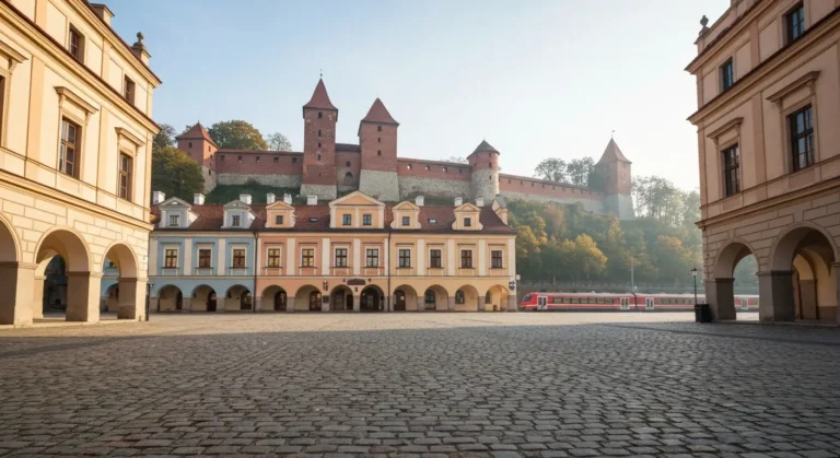 Rynek w Przemyslu z kamienicami i wzgorzem zamkowym w porannym swietle