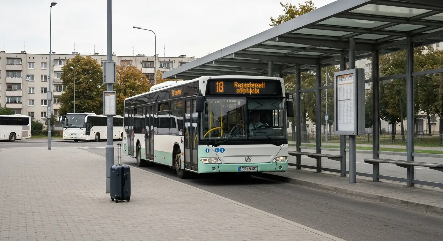 Autobus miejski podjezdzajacy do wiaty przystankowej w Rzeszowie, obok walizka na chodniku przy dworcu autobusowym