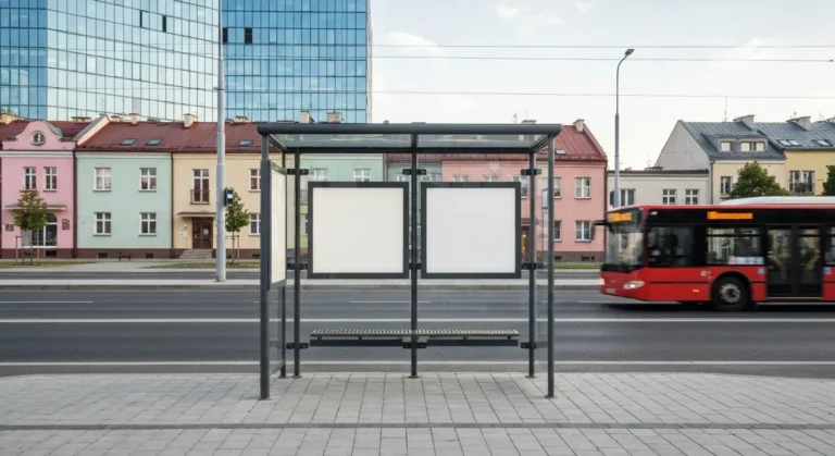 Wiata przystankowa komunikacji miejskiej w Rzeszowie z pustą gablotą rozkładu jazdy i przejeżdżającym autobusem