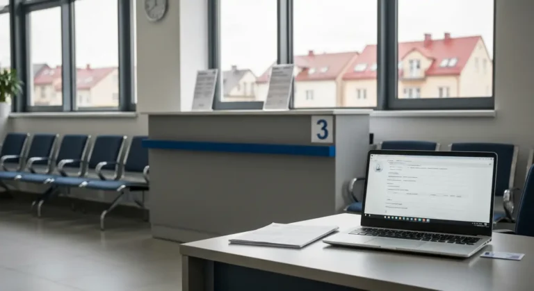 Lada obslugi urzedu pracy w Rzeszowie z laptopem, dokumentami i biletomatem w swietle dziennym
