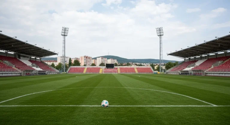 Pusty stadion miejski w Rzeszowie z zielona murawa, czerwono-bialymi krzeselkami i pilka na srodku boiska