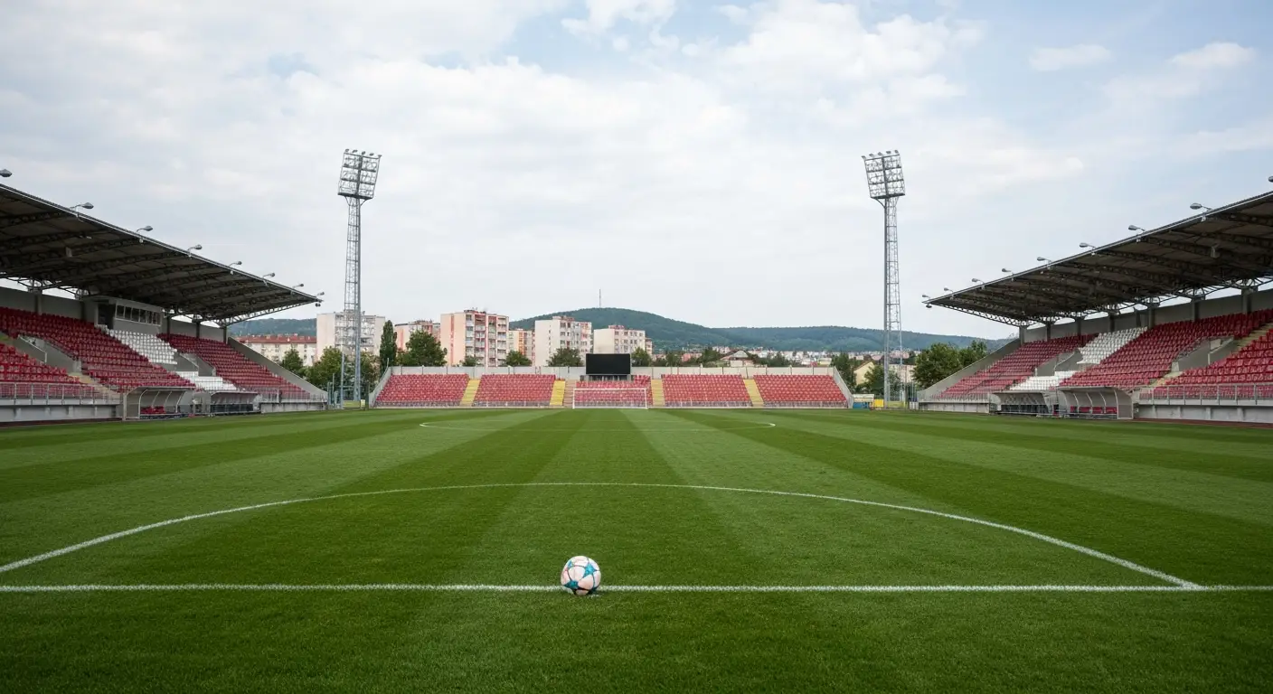 Pusty stadion miejski w Rzeszowie z zielona murawa, czerwono-bialymi krzeselkami i pilka na srodku boiska