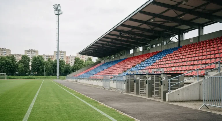 Puste trybuny i bramki wejsciowe stadionu miejskiego w Rzeszowie z widokiem na murawe