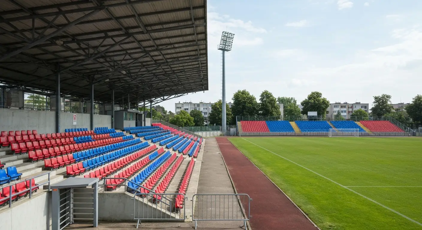 Pusta trybuna z czerwono-niebieskimi krzeselkami i murawa stadionu miejskiego w Rzeszowie w slonecny dzien