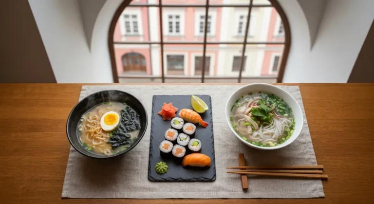 Stolik w rzeszowskiej restauracji azjatyckiej - ramen, sushi i pho przy oknie z widokiem na kamienice Rynku