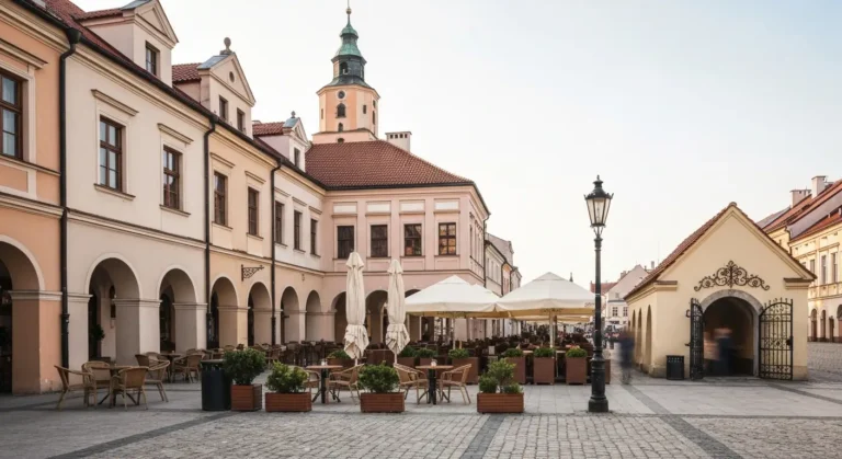 Ogrodki restauracyjne ze stolikami i parasolami na kamiennym rynku w Rzeszowie, w tle kamienice i wieza ratusza