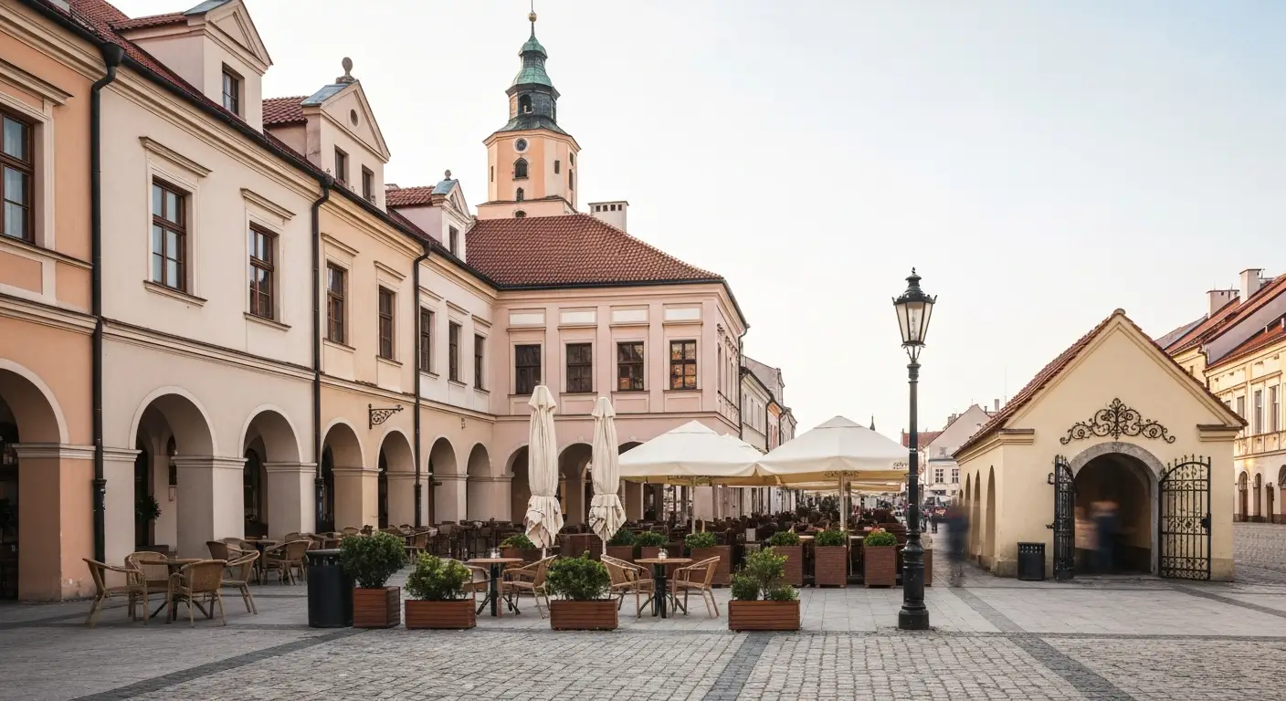 Ogrodki restauracyjne ze stolikami i parasolami na kamiennym rynku w Rzeszowie, w tle kamienice i wieza ratusza