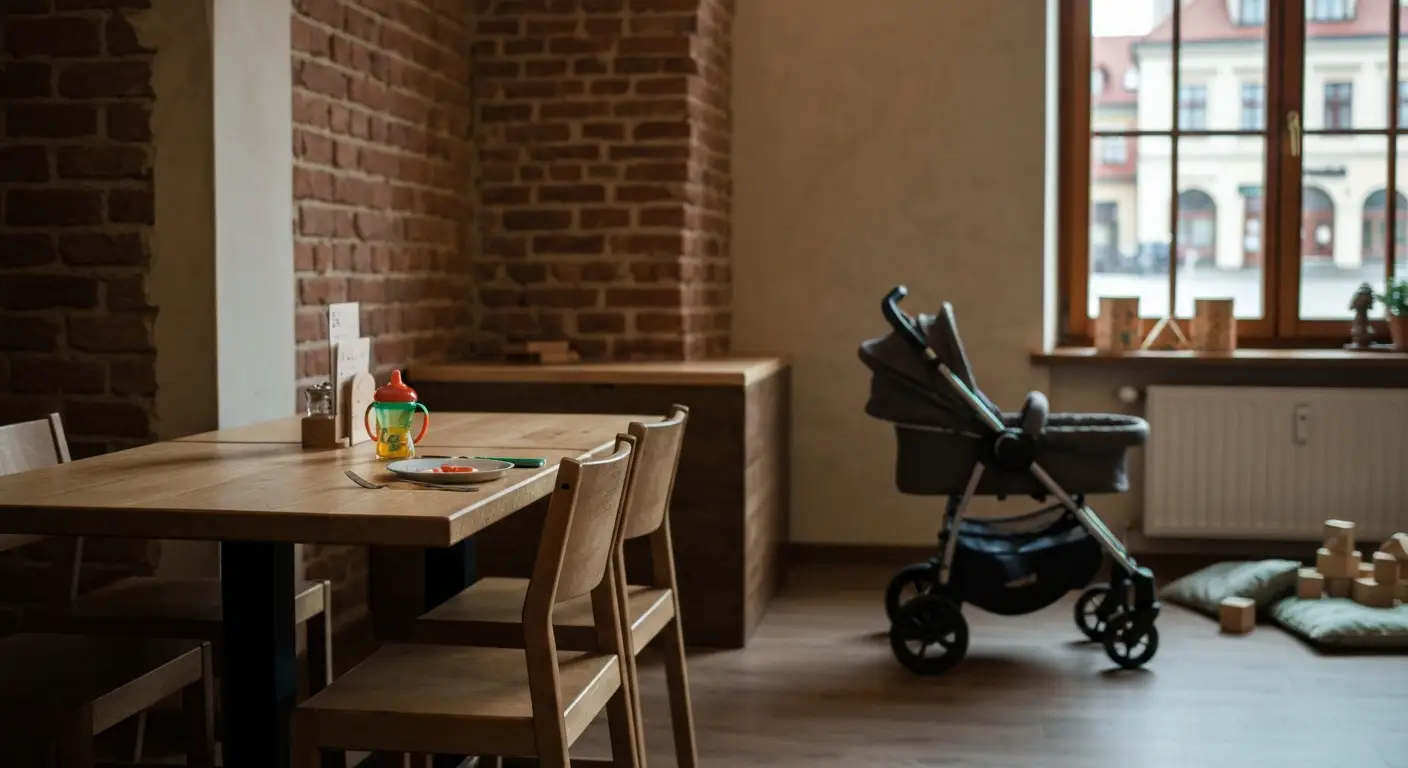 Wnetrze rodzinnej restauracji w Rzeszowie - stolik z krzeselkiem dla dziecka, wozek i katcik zabaw w tle