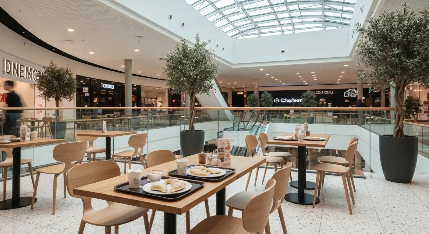 Strefa restauracyjna w galerii handlowej w Rzeszowie - drewniane stoliki, tace z jedzeniem i swiatlo ze swietlika