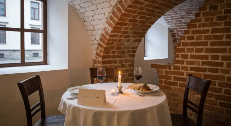 Stolik dla dwojga przy swiecach w ceglanej piwnicy restauracyjnej w Rzeszowie, dwa kieliszki wina i nakrycie na bialym o