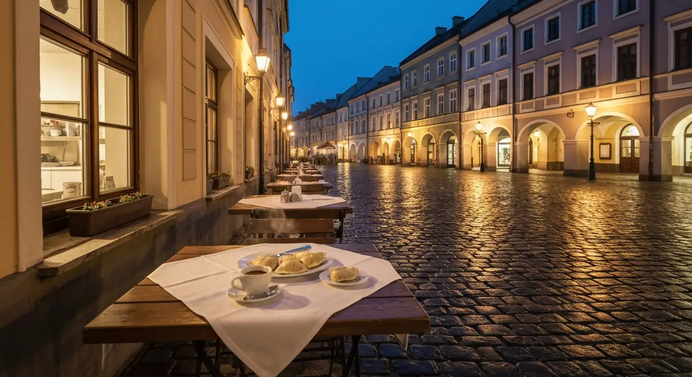 Wieczorna restauracja przy rzeszowskim rynku - rozswietlone okna lokalu, stolik z talerzem pierogow i mokry bruk