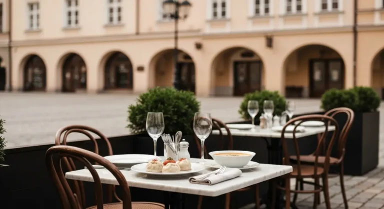 Stolik restauracyjny z regionalnym daniem na tarasie przy rzeszowskim Rynku, w tle kamienice