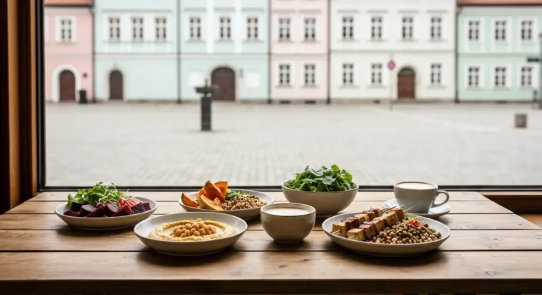 Stol z roslinnymi daniami w restauracji wegetarianskiej w Rzeszowie, w tle kamienice rynku