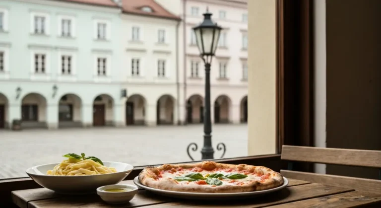 Neapolitanska pizza i miska makaronu na drewnianym stole w restauracji, w tle rozmyte kamienice rzeszowskiego rynku
