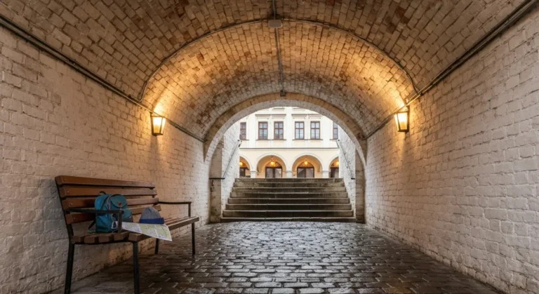 Ceglany korytarz podziemnej trasy pod rzeszowskim Rynkiem z lawka, plecakiem dziecka i mapa miasta