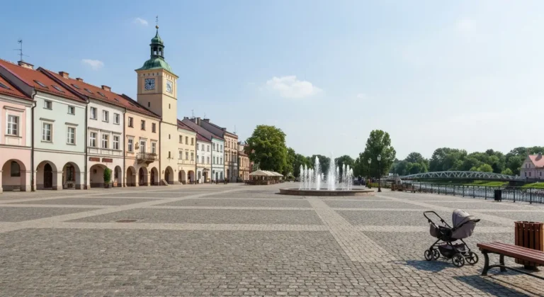 Rzeszowski rynek z kamienicami i wozkiem przy lawce, w tle multimedialna fontanna i bulwary nad Wislokiem
