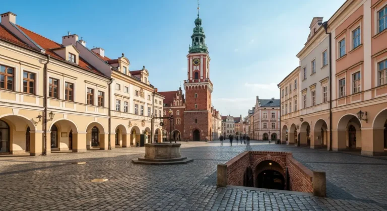 Rynek w Rzeszowie z ratuszem i kamienicami oraz zejsciem do ceglanych podziemnych piwnic