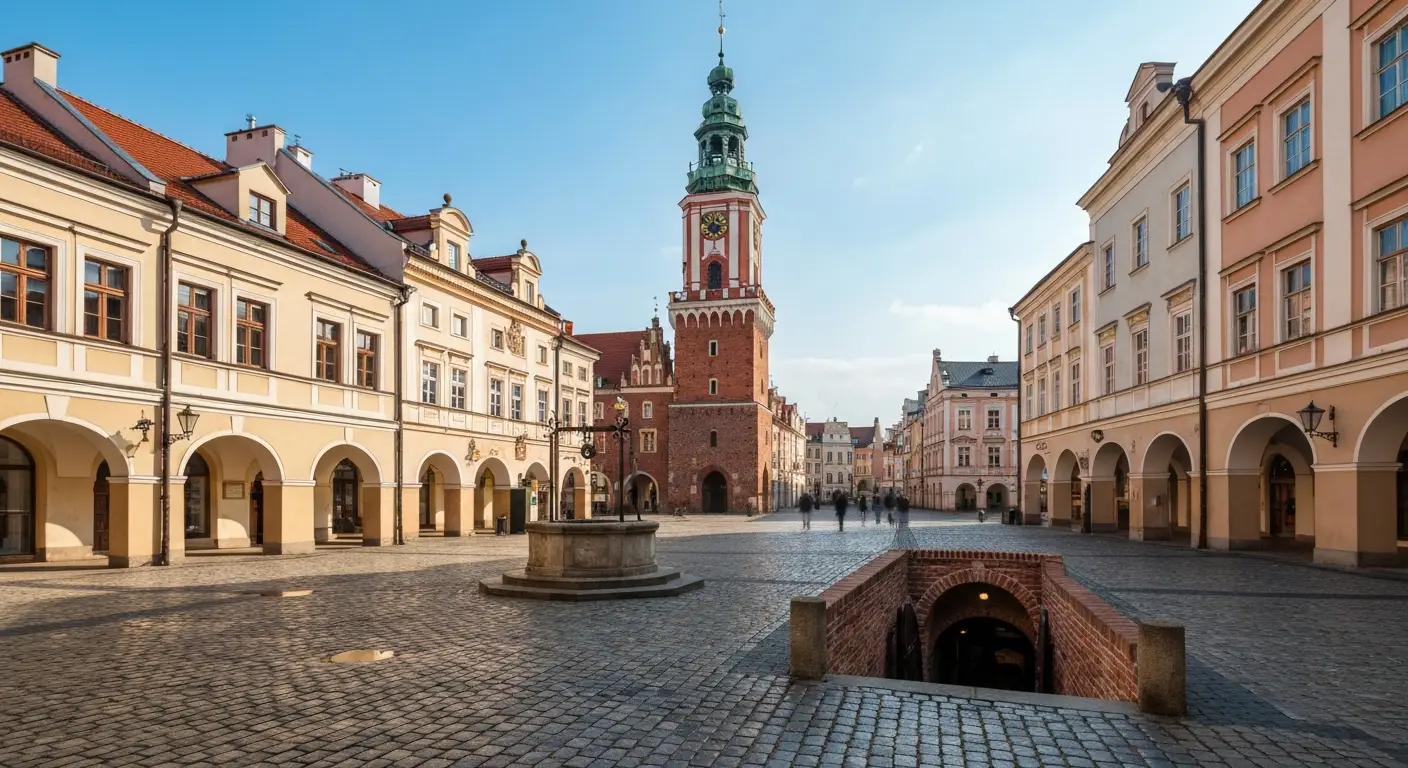 Rynek w Rzeszowie z ratuszem i kamienicami oraz zejsciem do ceglanych podziemnych piwnic