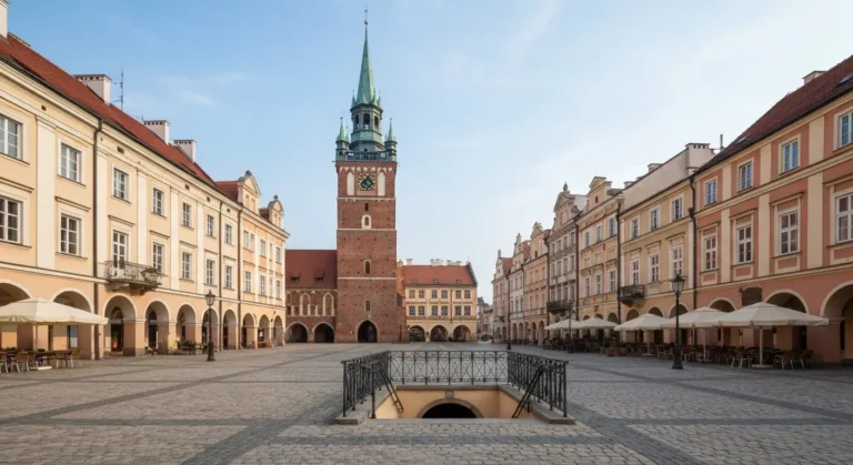 Rynek w Rzeszowie z ratuszem, kamienicami z podcieniami i wejsciem do podziemnej trasy turystycznej