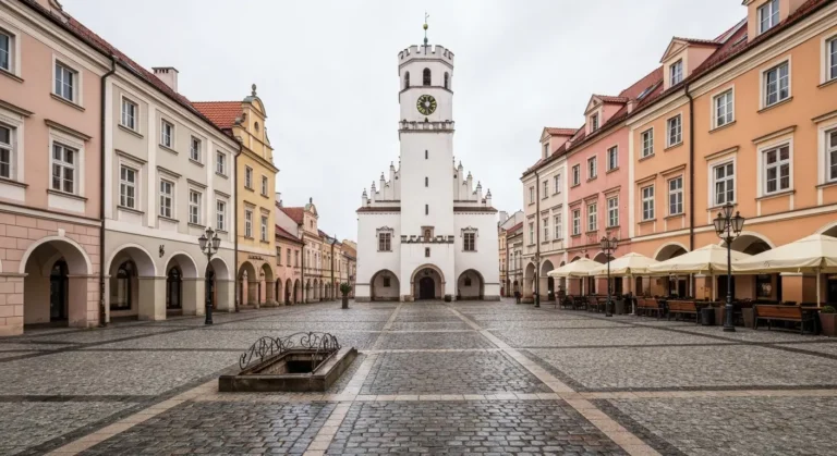 Rynek w Rzeszowie z kamienicami i wieza ratusza nad brukowanym placem w swietle dnia
