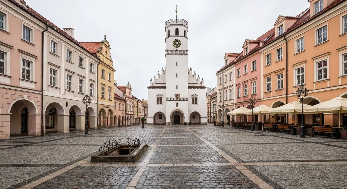 Rynek w Rzeszowie z kamienicami i wieza ratusza nad brukowanym placem w swietle dnia