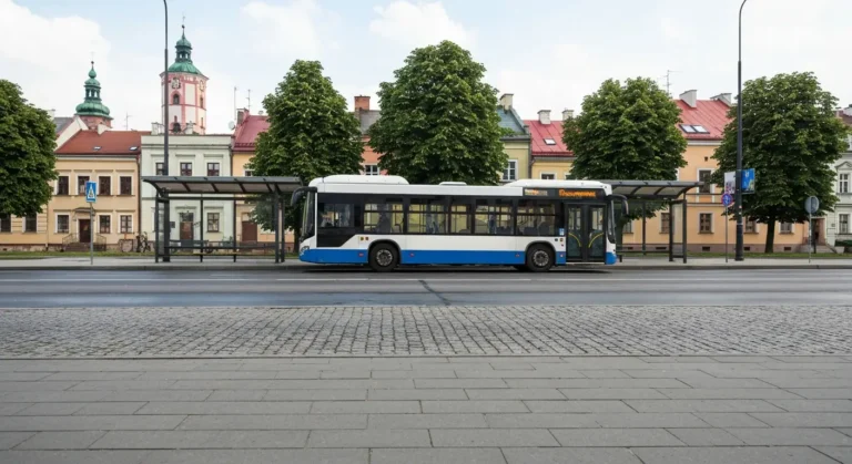 Niskopodlogowy autobus miejski odjezdzajacy z przystanku w centrum Rzeszowa, w tle kamienice starowki i drzewa