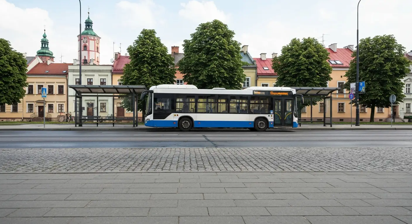 Niskopodlogowy autobus miejski odjezdzajacy z przystanku w centrum Rzeszowa, w tle kamienice starowki i drzewa