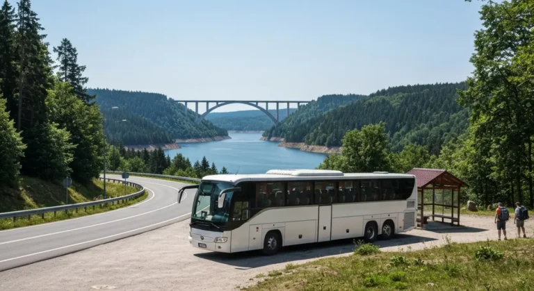 Autobus dalekobiezny na przystanku w Bieszczadach, w tle betonowa zapora w Solinie i Jezioro Solinskie