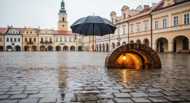 Deszczowy dzien na rynku w Rzeszowie, mokry bruk i podswietlone wejscie do ceglanych piwnic pod kamienicami