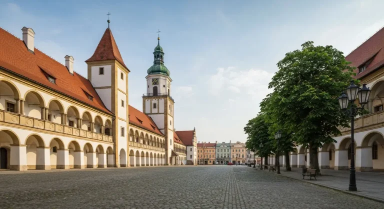 Barokowy zamek magnacki w Rzeszowie z wieza zegarowa, waly obronne i aleja kasztanowa w porannym swietle