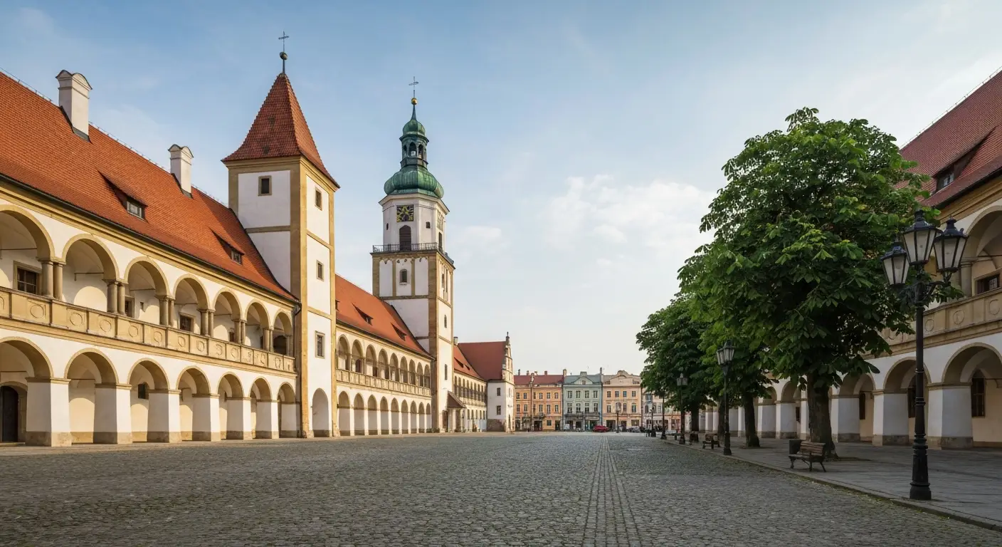 Barokowy zamek magnacki w Rzeszowie z wieza zegarowa, waly obronne i aleja kasztanowa w porannym swietle