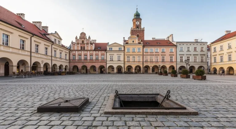 Rynek w Rzeszowie z kamienicami i wieza ratusza w porannym swietle, bruk i wejscie do podziemnej trasy