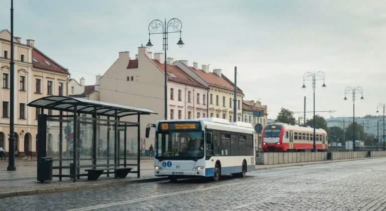 Miejski autobus odjezdzajacy z przystanku w centrum Rzeszowa, w tle kamienice starowki i mokra kostka brukowa