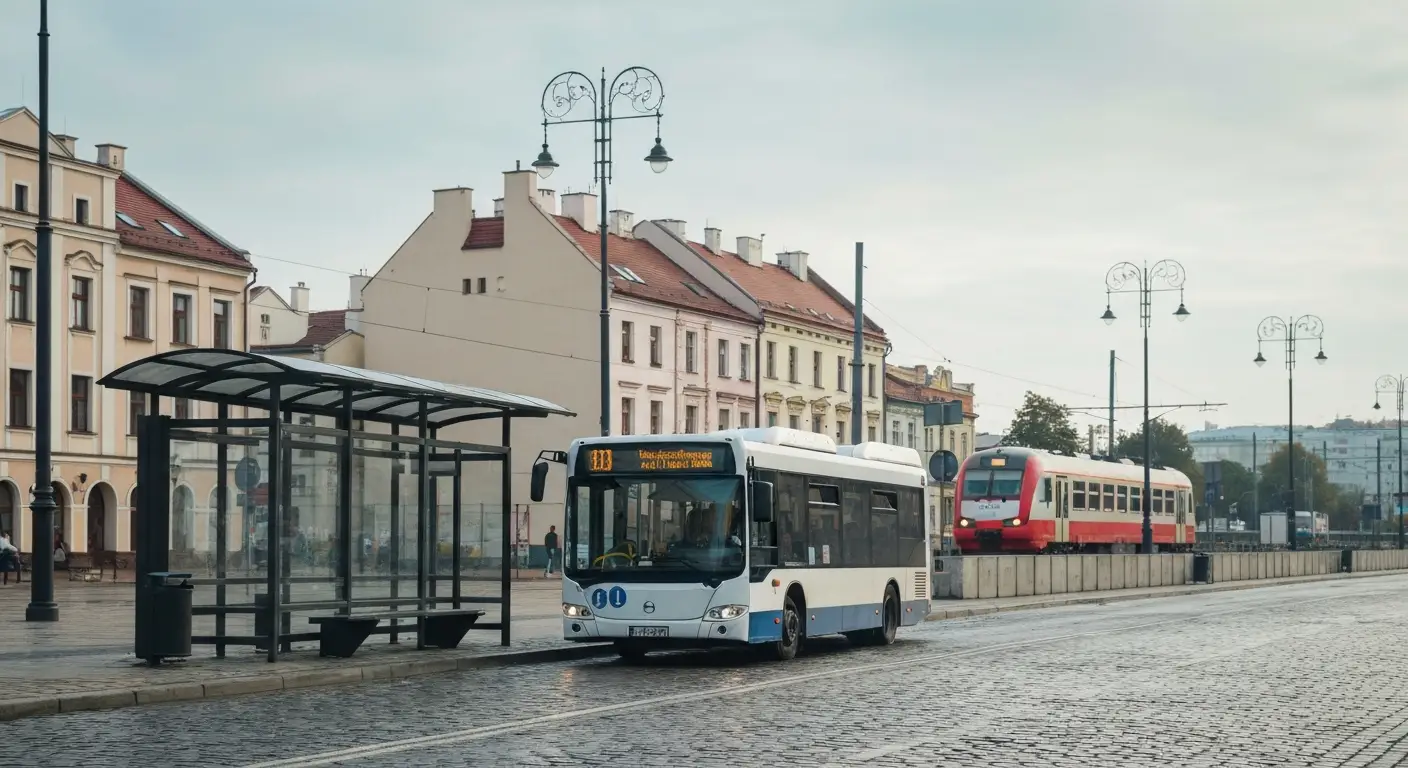 Miejski autobus odjezdzajacy z przystanku w centrum Rzeszowa, w tle kamienice starowki i mokra kostka brukowa