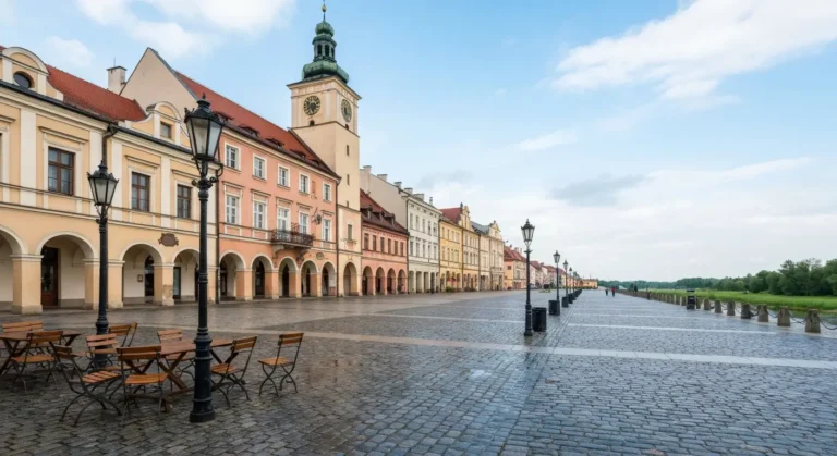 Rynek w Rzeszowie z kamienicami i wieza ratusza, bruk po deszczu i deptak prowadzacy w strone bulwarow nad Wislokiem