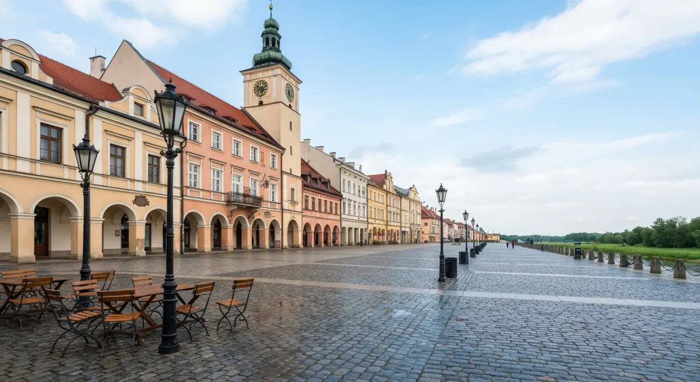 Rynek w Rzeszowie z kamienicami i wieza ratusza, bruk po deszczu i deptak prowadzacy w strone bulwarow nad Wislokiem