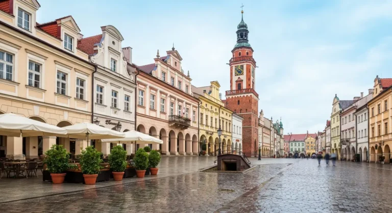 Rzeszowski Rynek w sloneczny weekendowy poranek - kamienice, wieza ratusza i mokry bruk