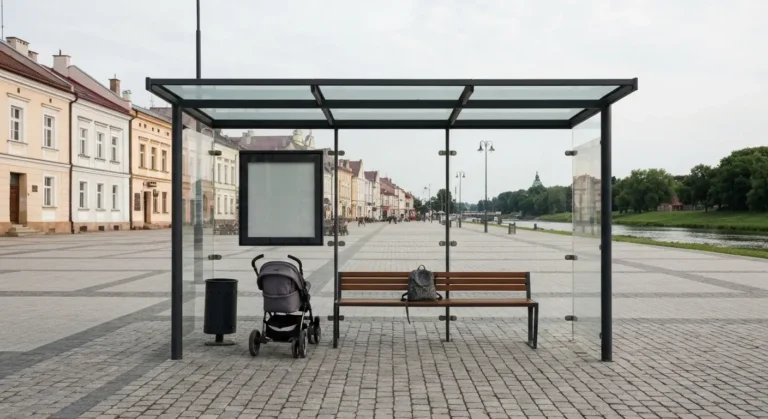 Przystanek autobusowy w centrum Rzeszowa ze zlozonym wozkiem dzieciecym i plecakiem na lawce, w tle kamienice rynku